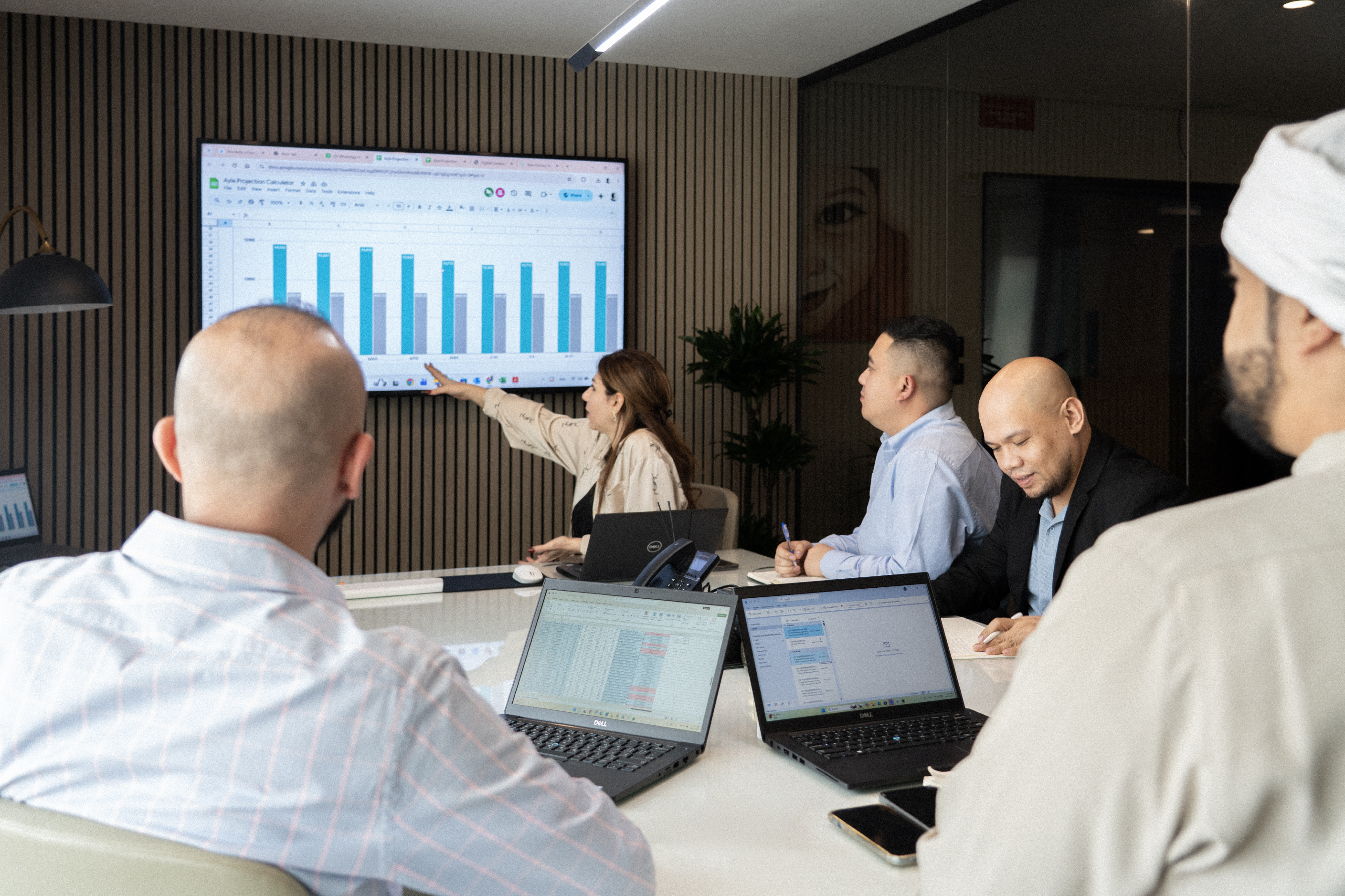 Ayla Holiday Homes team meeting discussing property analytics