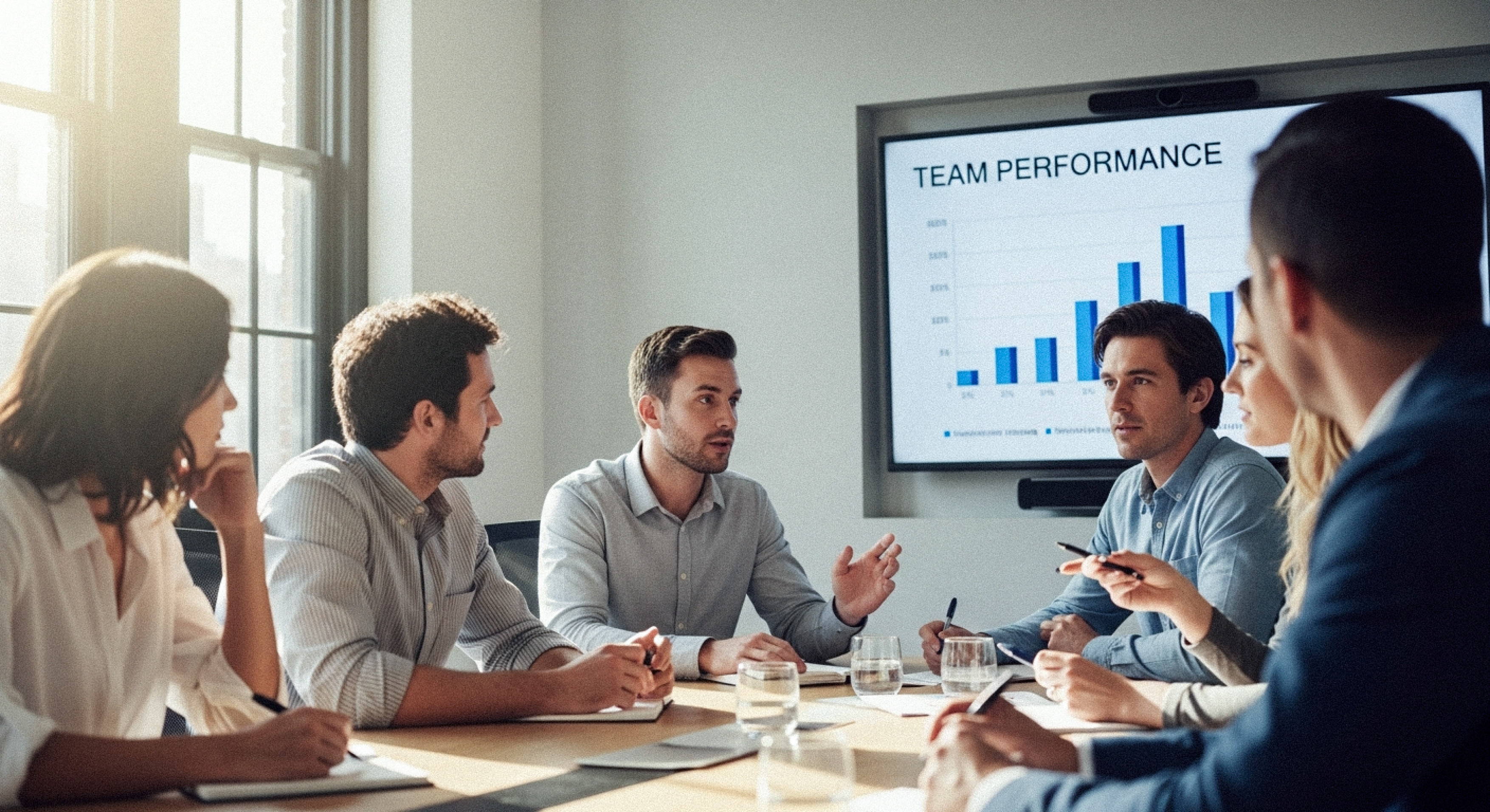 Team meeting discussing growth and performance